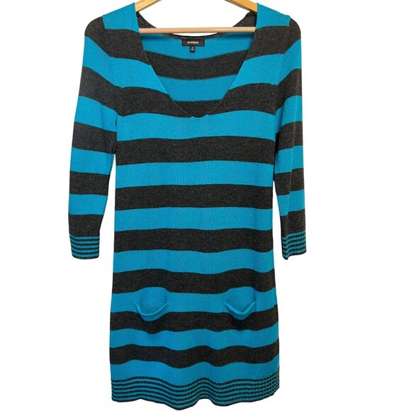 Express Women S Striped Sweater Dress Mini Blue/Black Nylon/Rayon/Wool Pockets - Picture 1 of 16